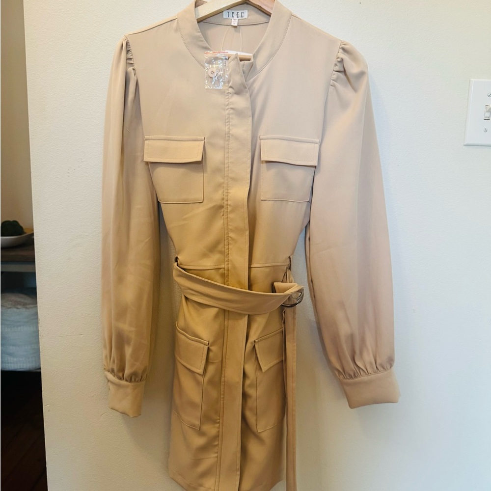 Beige Long Sleeve Belted Dress - Picture 2 of 4